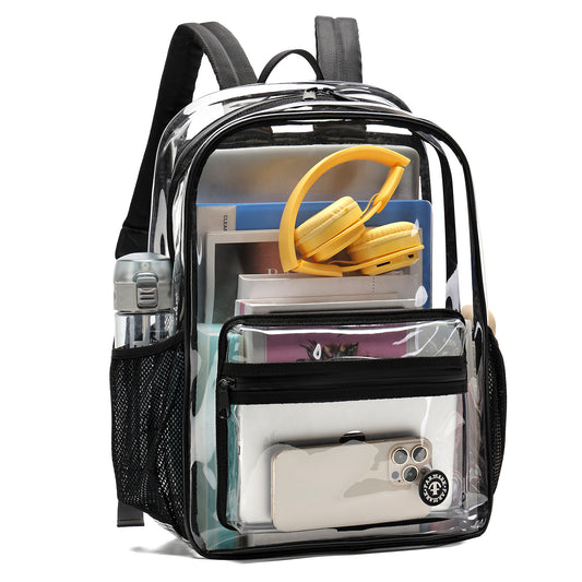 Clear Backpack Durable PVC Clear Backpack, Heavy Duty Transparent School Bag with Reinforced Straps and Large Capacity for College Workplace Safety - Black