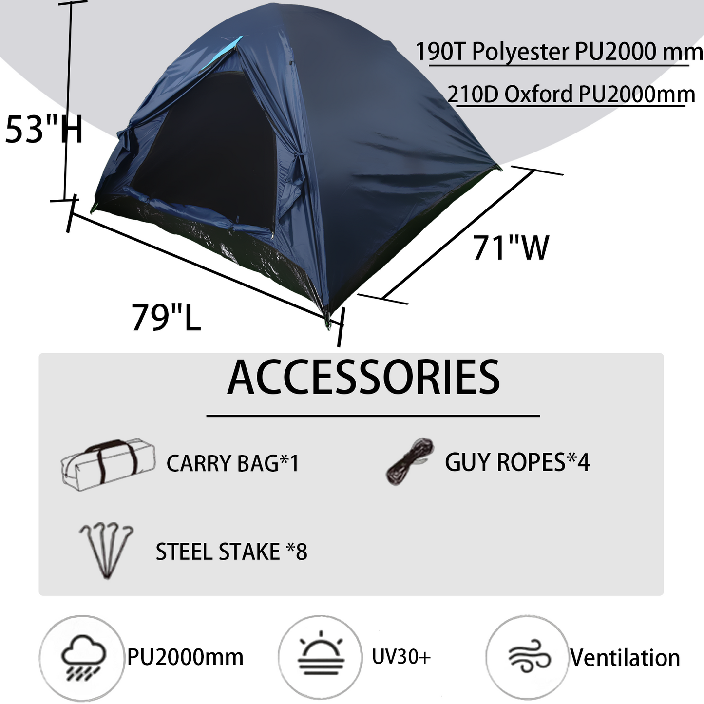 Pop Up Camping Tent for 3-4 Person - 79"L x 71"W x 53"H - Navy Blue