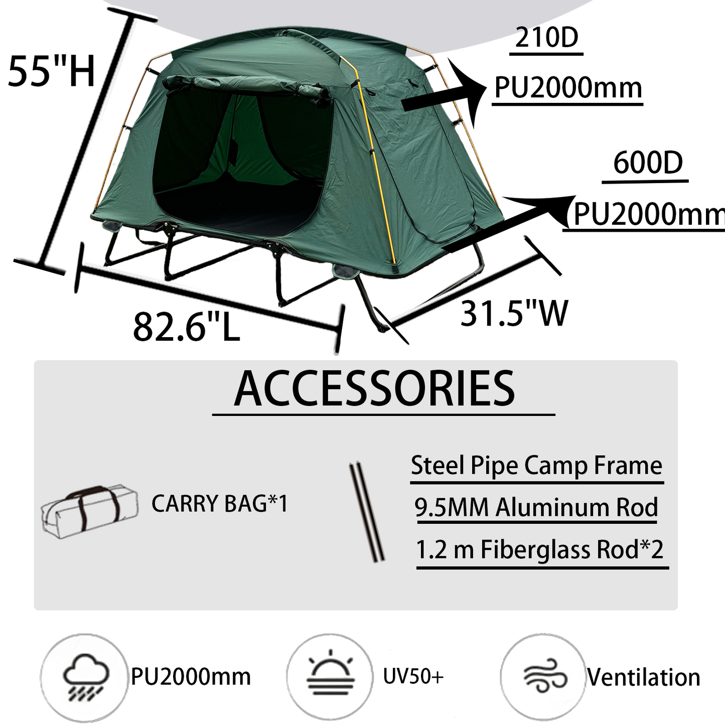 Camping Tent Cot for 1/2 Person-Green