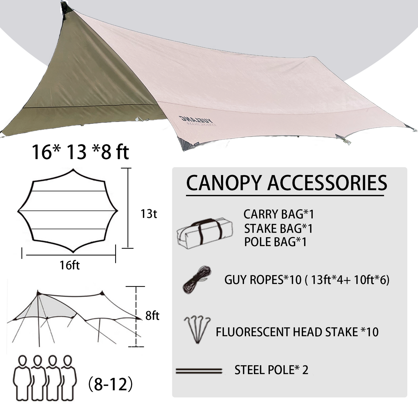 12× 13ft Waterproof Camping Tarp Shelter- Gold