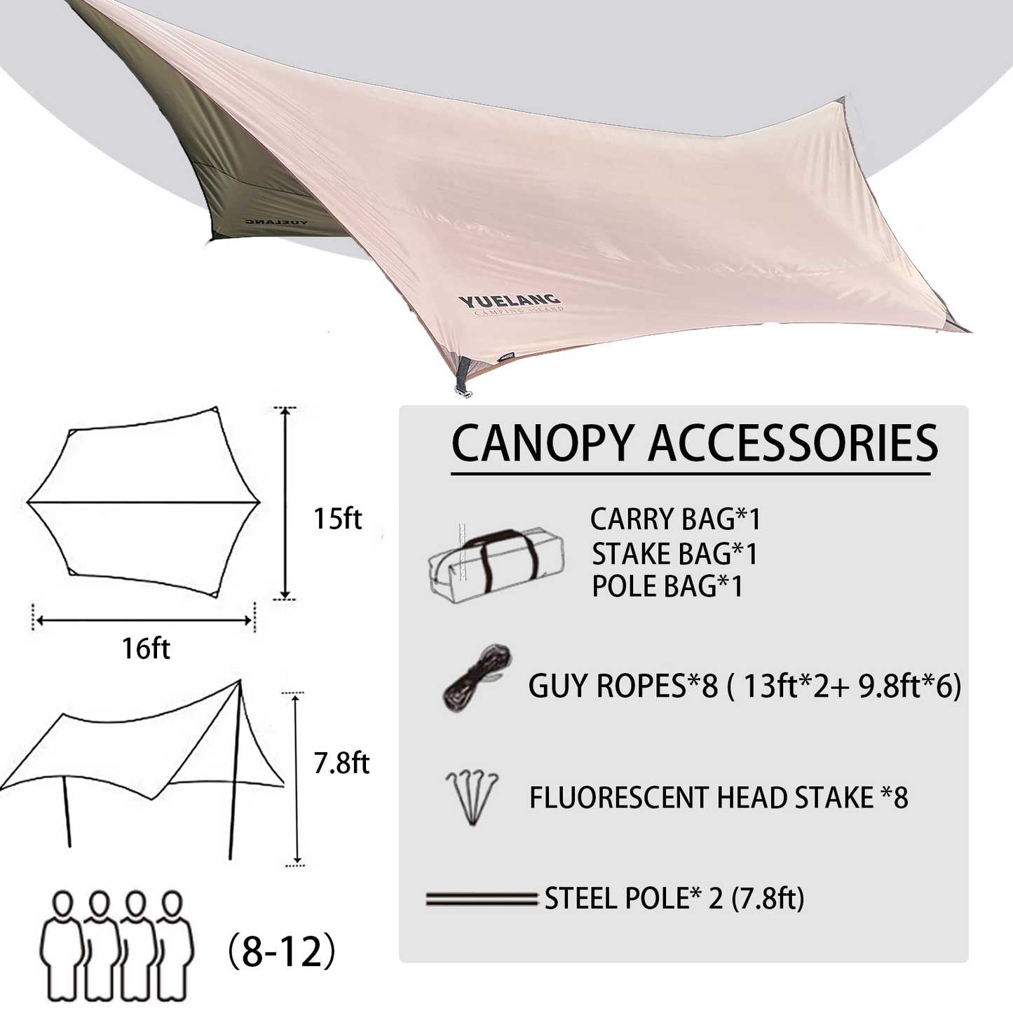 16×15ft Camping Tarp Shelter- Gold