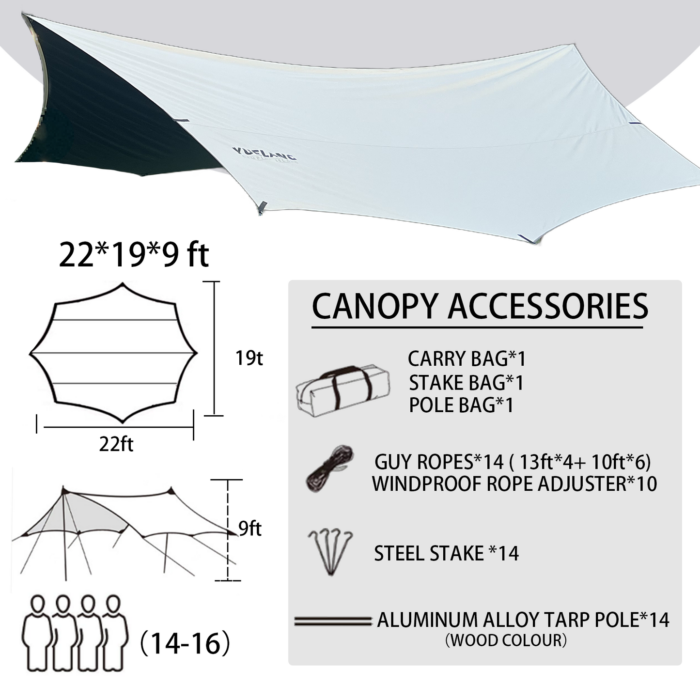 22×19ft Extra Large Canmping Tarp Canopy for Big Family- White