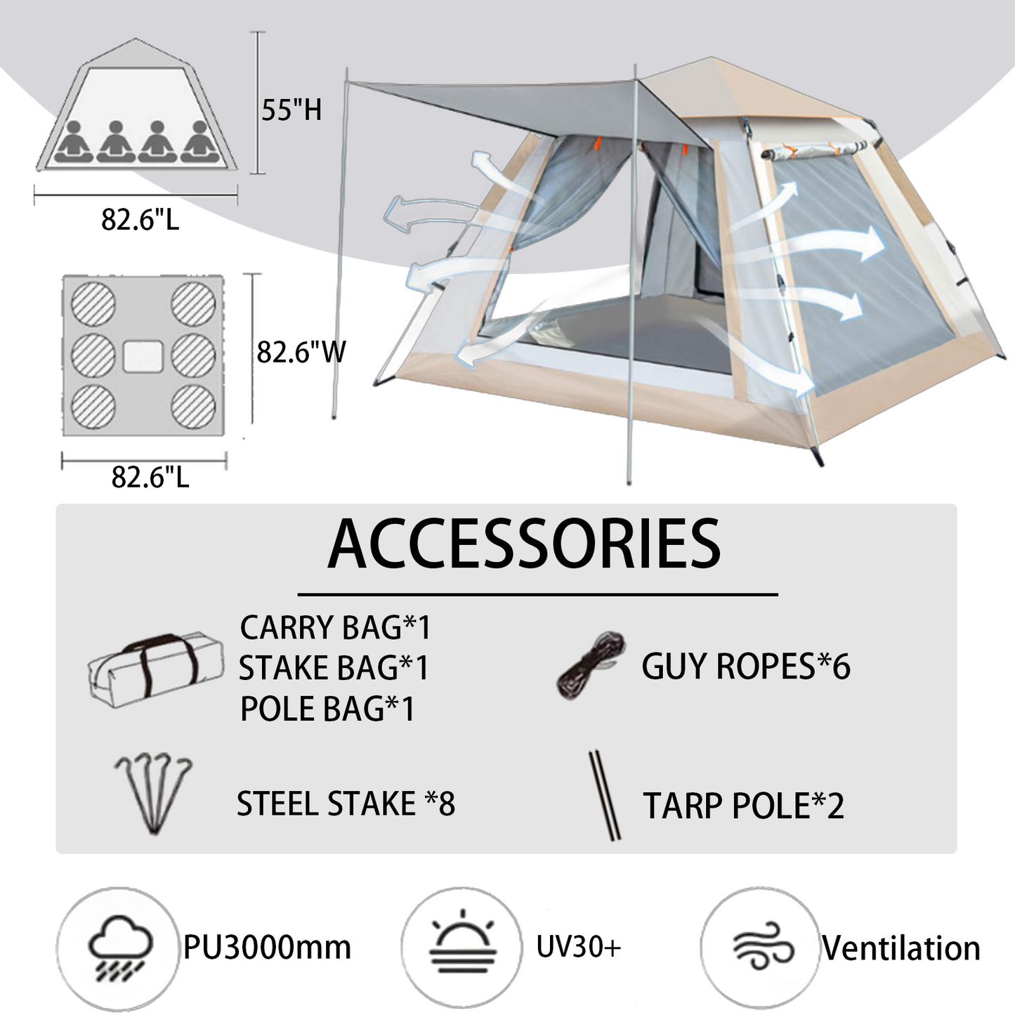Pop up Camping Tent With Poles - for 2- 3 Person - 82.6"L x 82.6"W x 55"H