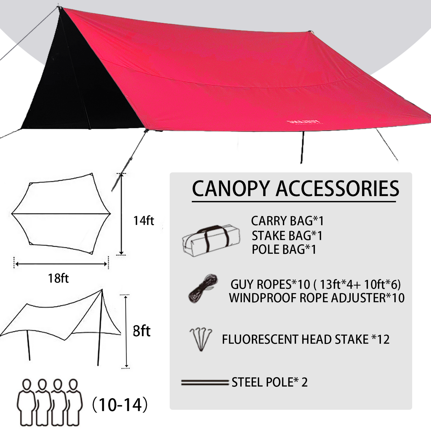 18× 14FT Waterproof Large Camping Tent Tarp for 10- 14 Person - Black/ White/ Red
