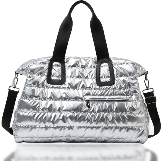 Women's Quilted Puffer Tote Bag  Large Work Purse Shoulder Bag for Travel Gym Silver