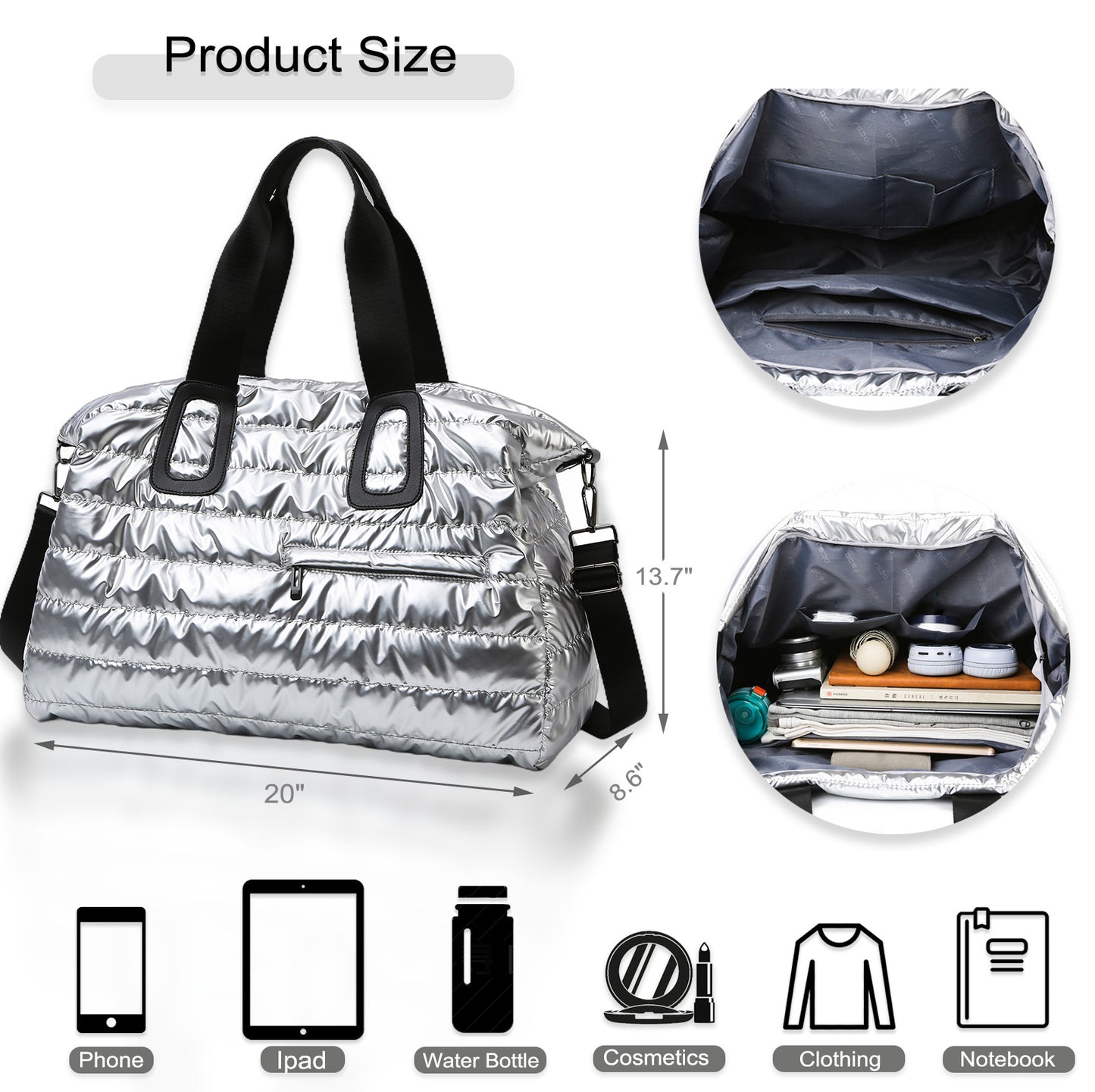 Women's Quilted Puffer Tote Bag  Large Work Purse Shoulder Bag for Travel Gym Silver