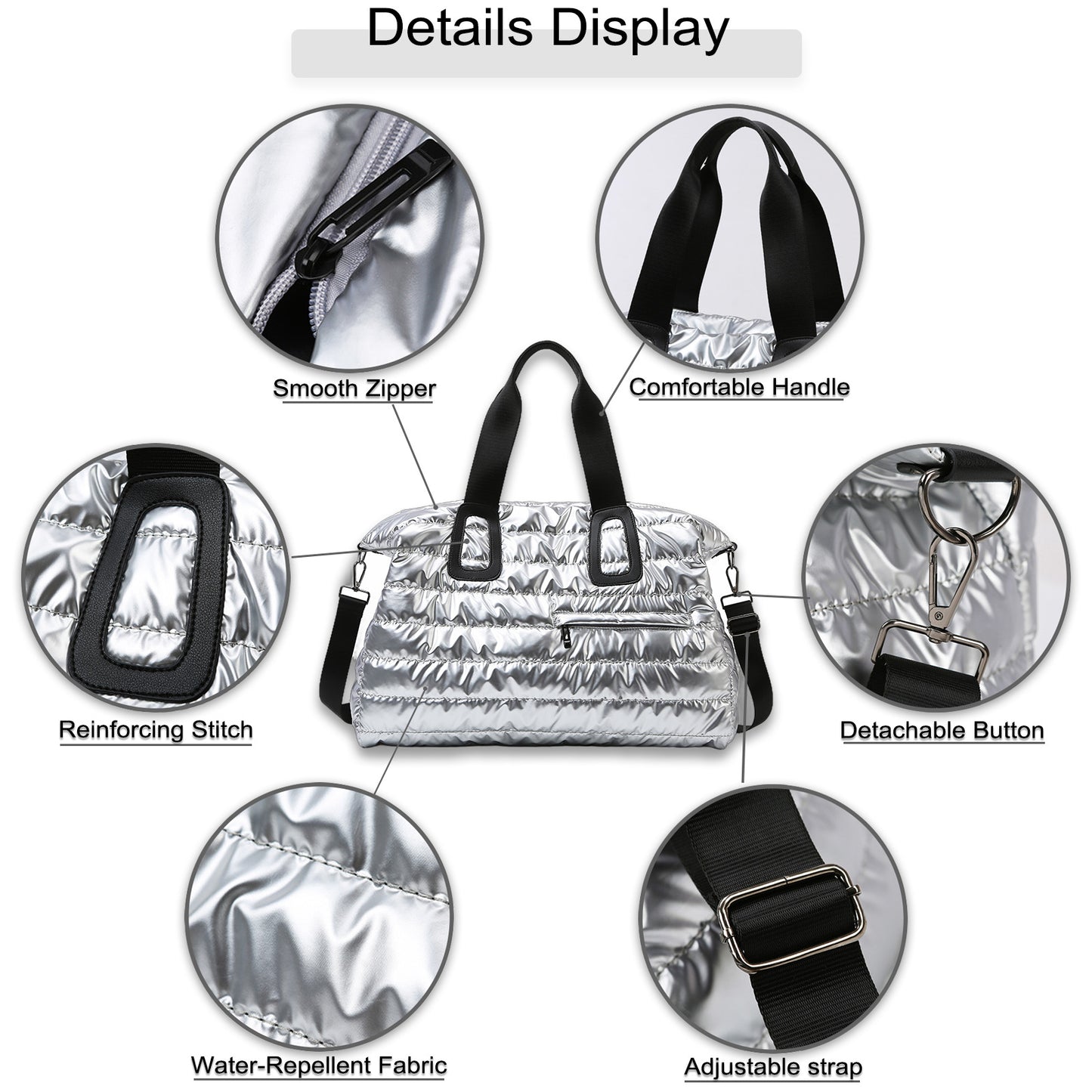 Women's Quilted Puffer Tote Bag  Large Work Purse Shoulder Bag for Travel Gym Silver