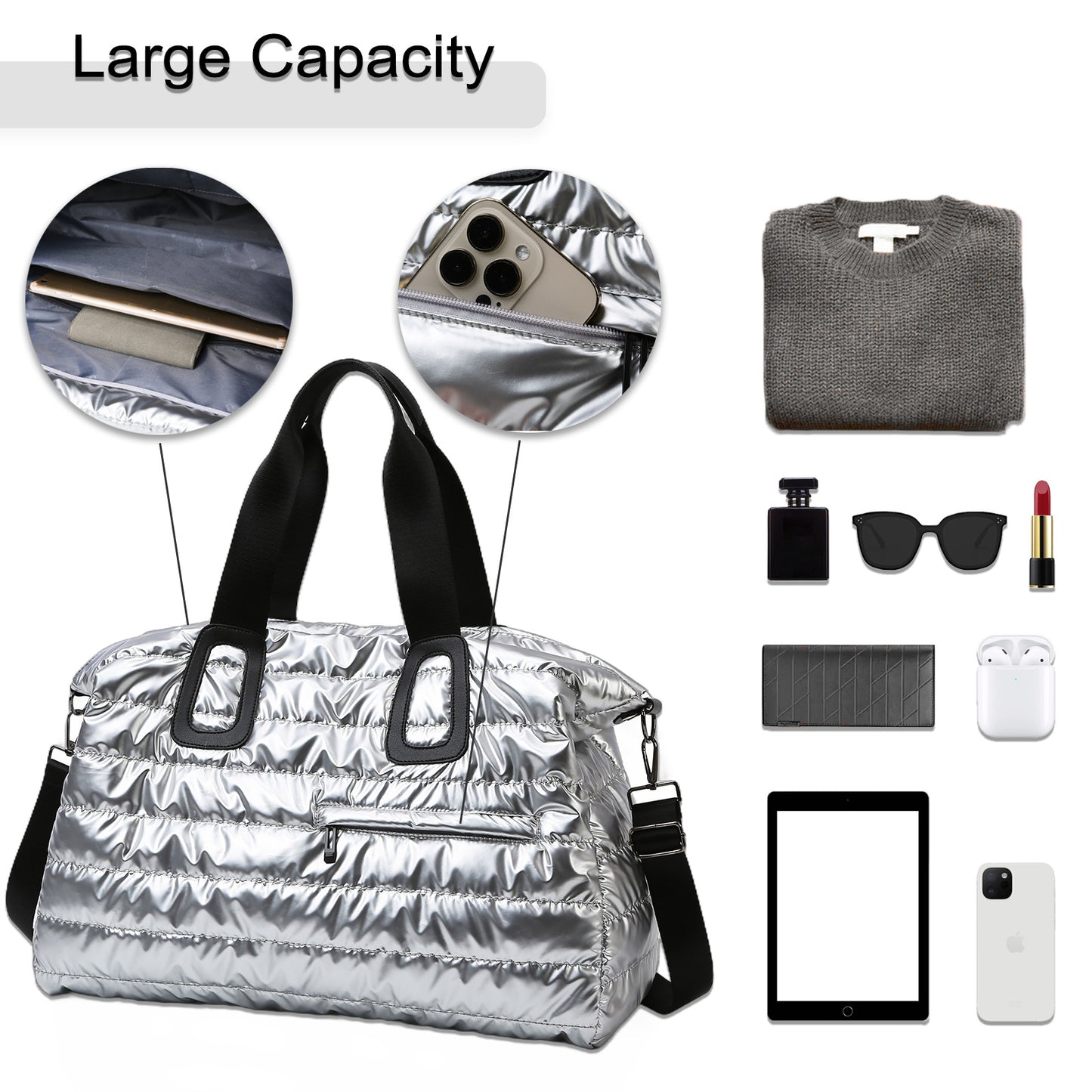 Women's Quilted Puffer Tote Bag  Large Work Purse Shoulder Bag for Travel Gym Silver