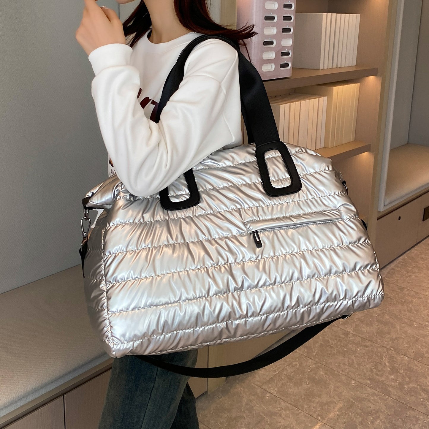 Women's Quilted Puffer Tote Bag  Large Work Purse Shoulder Bag for Travel Gym Silver