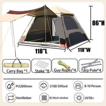 Family Camping Tent With Rainfly - 8-10 Person - 118"L x 118"W x 86"H