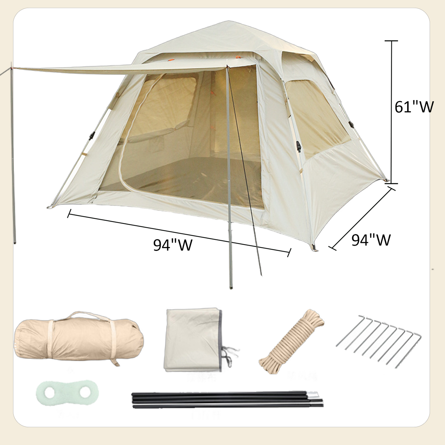 Camping Tent With Rainfly -  5-8 person -  94"L x 94"W x 61"H