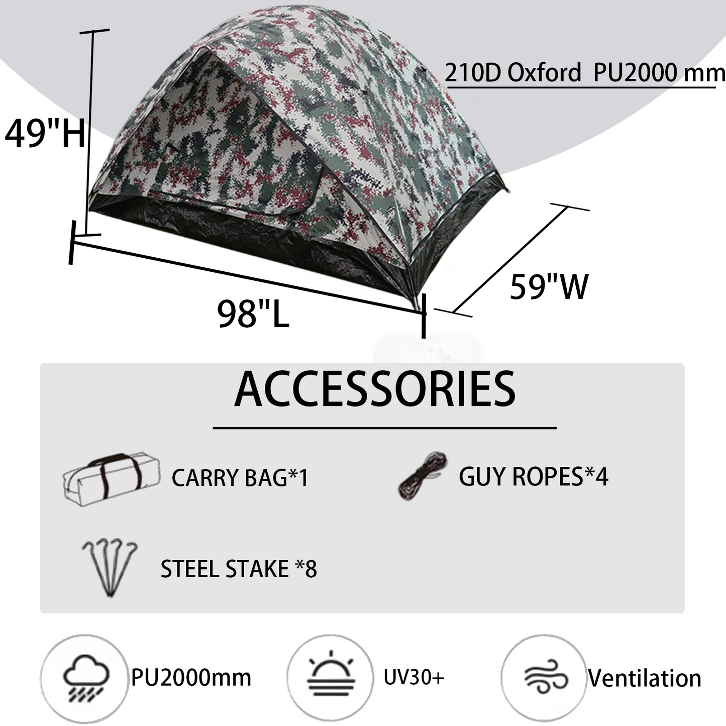 Pop Up Camping Tent for 2-3 Person - 98"L x 59"W x 49"H- Camouflage